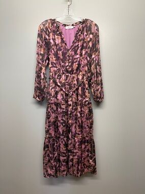 Greylin Anthropologie Animal Print Purple Tiered Long Sleeve Maxi Dress